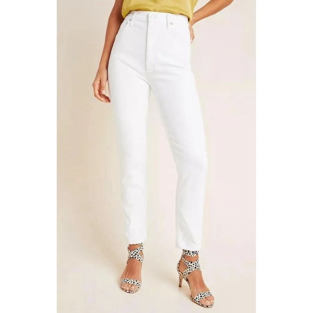 Agolde Nico High Rise Slim Jeans White Raw Hem Button Fly 28 Ankle Coastal Chic
